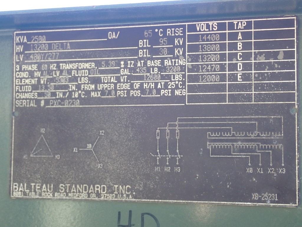 2500 KVA 13200 Delta, 480Y/277 Balteau Pad-Mount Transformer, DF/RF