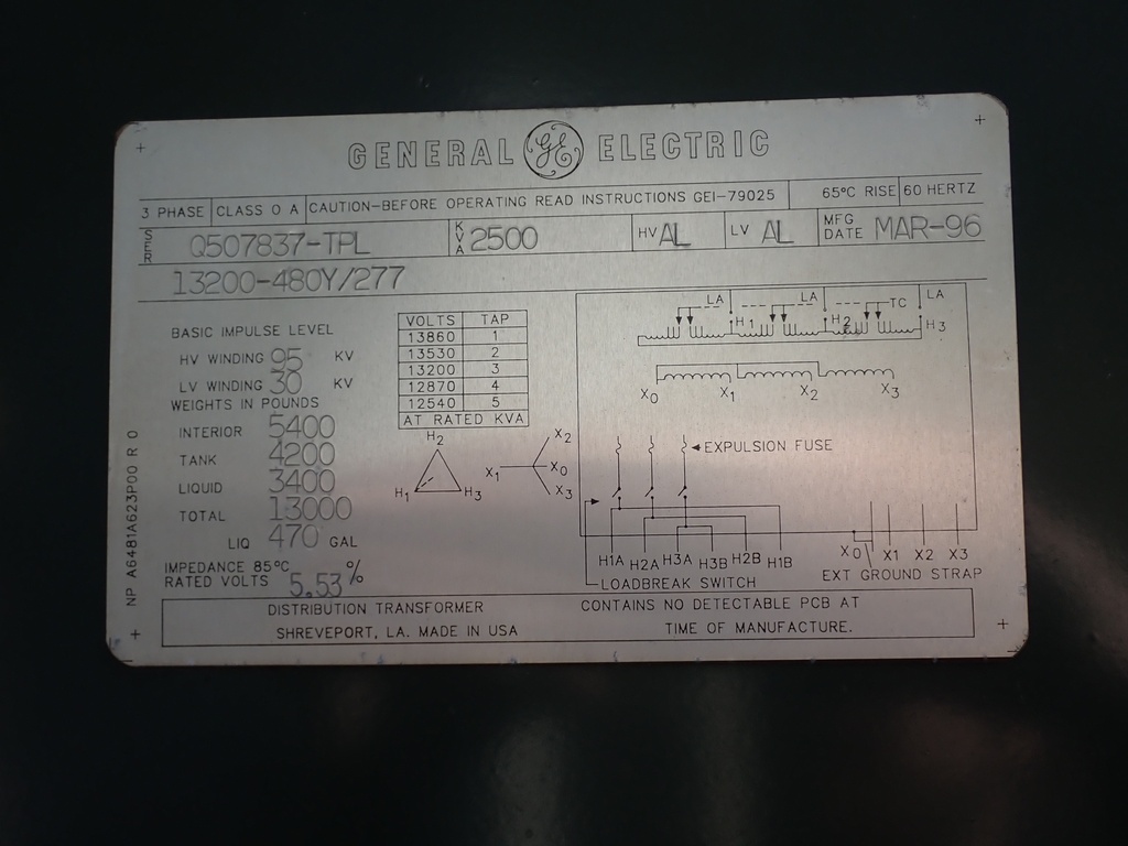 2500 KVA 13200 Delta 480Y/277 GE Pad-Mount Transformer, DF/RF