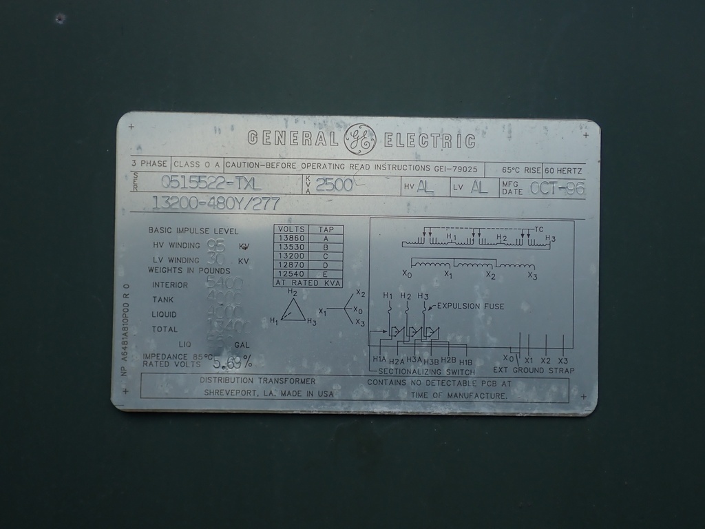 2500 KVA 13200 Delta 480Y/277, General Electric Pad-Mount Transformer, DF/LF