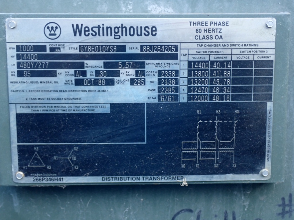 1000 KVA 14400 Delta 480Y/277, Westinghouse Pad-Mount Transformer, DF/RF,