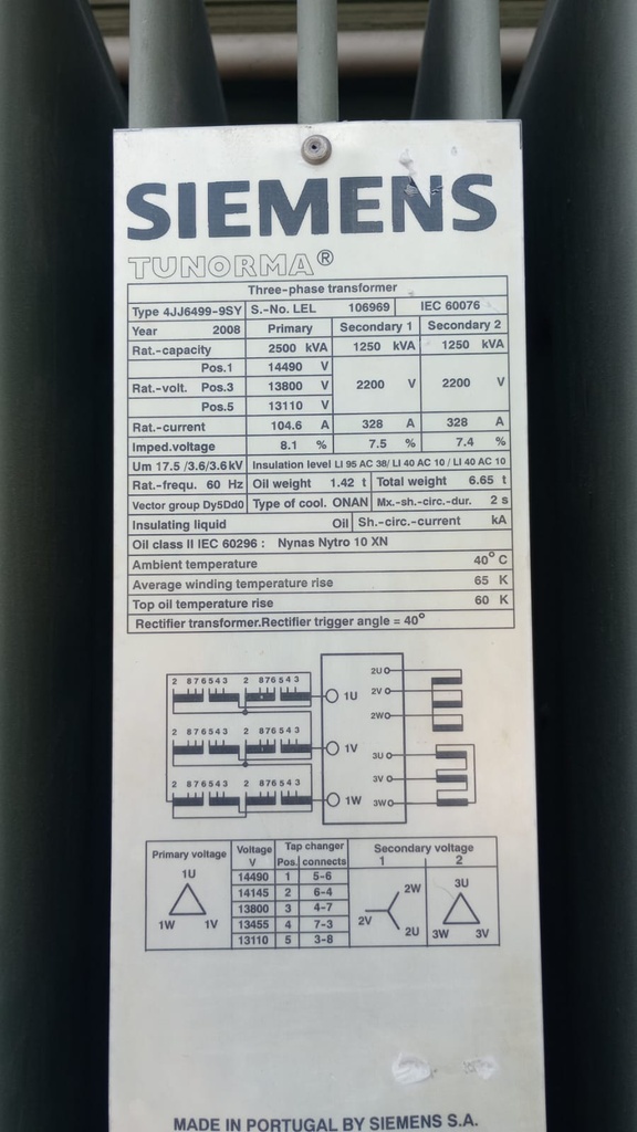 2500 kVA 13800D - 2200Y Siemens Substation Transformer