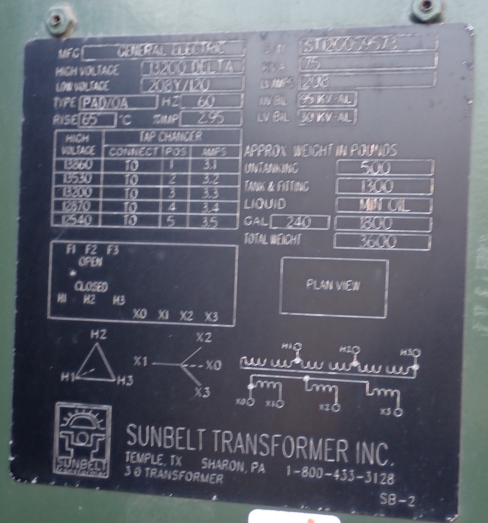 75 kVA 13200 Delta 208Y/120 GE Padmount Transformer, LF/RF