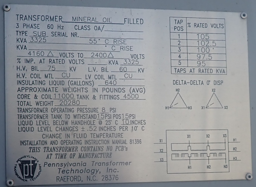 3325 KVA Pennsylvania Transformer, 4160 Delta, 2400 Delta, Oil Filled