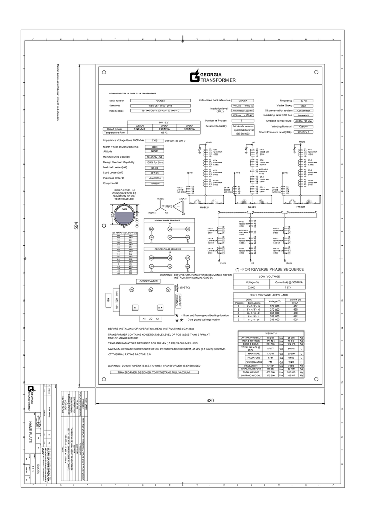 180 MVA 361000 GrdY - 22000 GrdY Georgia Transformer GSU Transformer