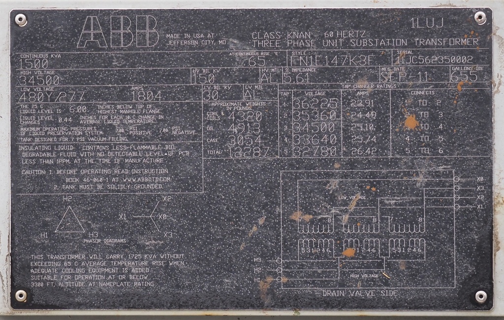 1500 KVA 34500 Delta 480Y/277, ABB Substation, Bio-Temp