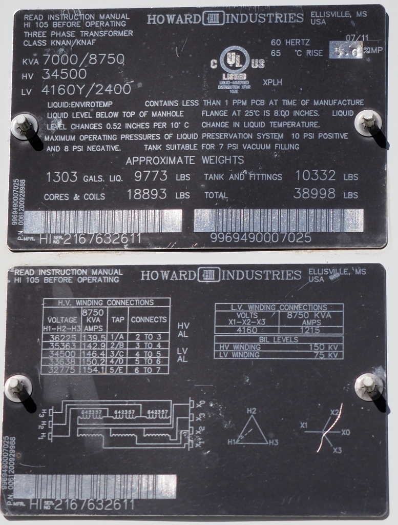 7000/8750 KVA Howard Industries 34500 Delta 4160Y/2400, Envirotemp