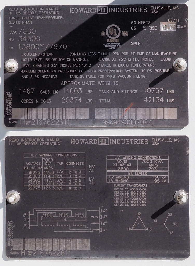 7000 KVA Howard Industries 34500 Delta 13800Y/7970, Envirotemp