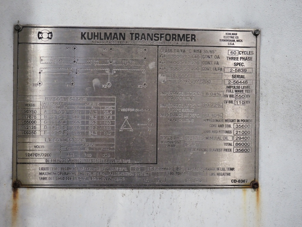 12 MVA 115000D - 12470Y Kuhlman Substation Transformer