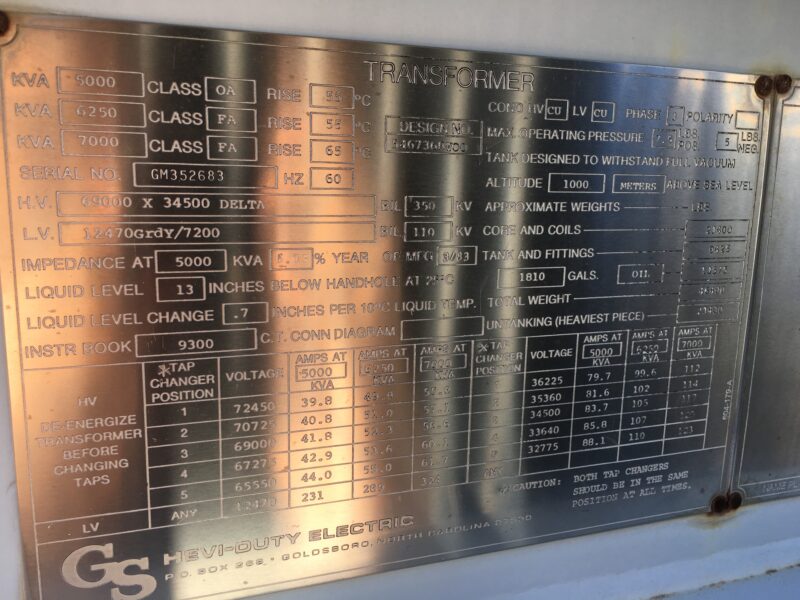 5000KVA 69000 x 34500 D - 12470 GrdY Hevi-Duty Electric Substation Transformer