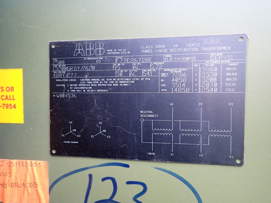 2500 KVA 13200 GRDY/7620 480Y/277 ABB Pad-Mount, DF/RF