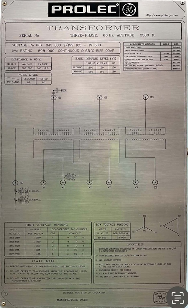 808 MVA 345000Y - 19500D GE Prolec Substation Transformer
