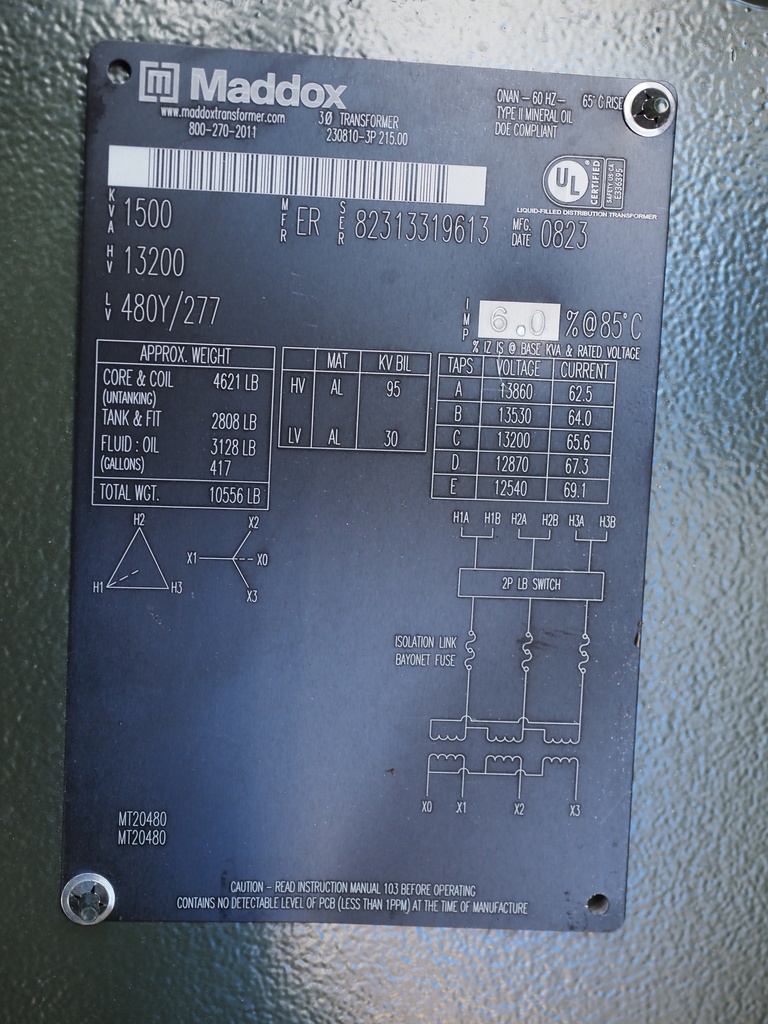 1500 KVA 13200D-480Y/277 Maddox Padmount, Dead Front, Loop Feed