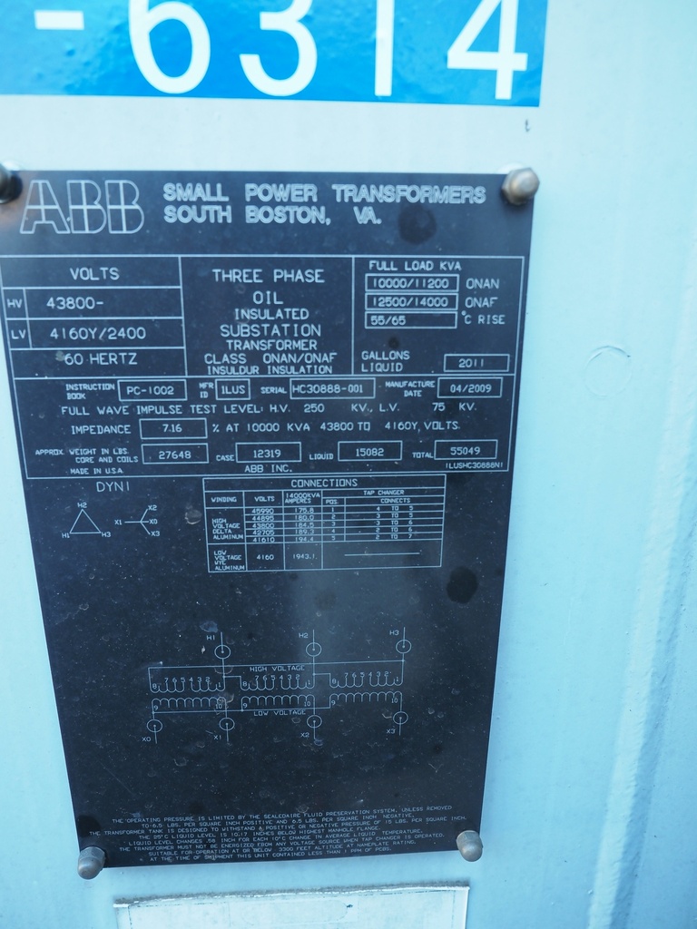 10/11.2/12.5/14 MVA 43800D - 4160Y ABB Substation Transformer