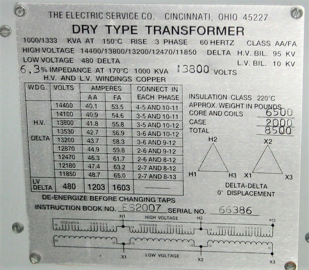 1000 kVA 13200D - 480D Dry Type Transformer