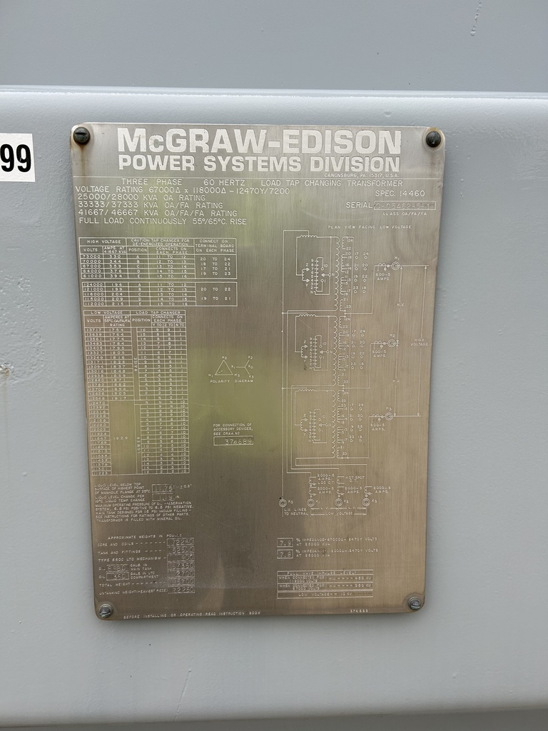 25MVA 67000D x 118000D - 12470Y McGraw-Edison LTC Substation Transformer