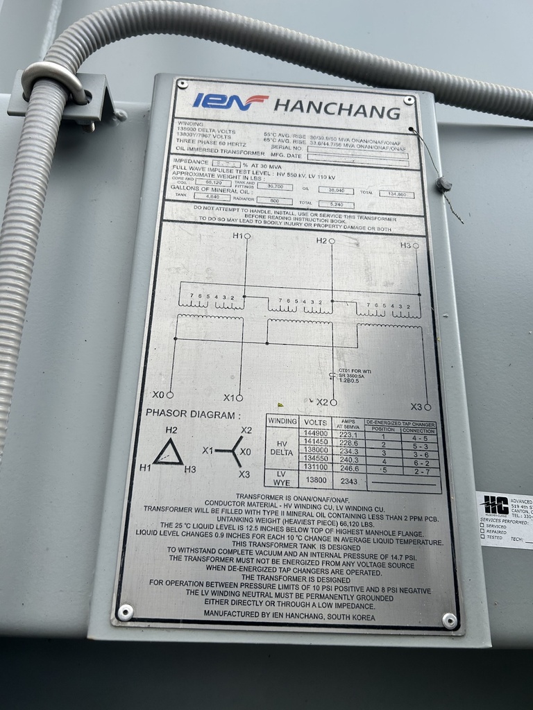 30 MVA 138000D - 13800Y Hanchang Substation Transformer