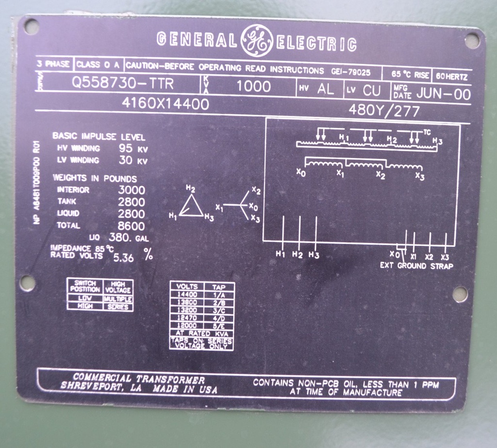 1000 kVA 4160D x 14400D - 480Y GE Padmount Transformer