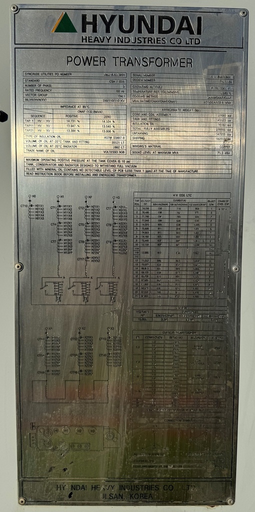 80 MVA 72000Y - 13800D  Hyundai GSU Substation Transformer