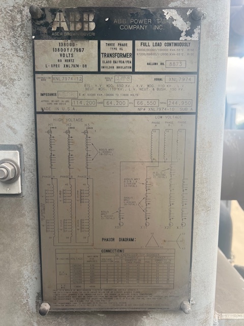 60 MVA 138000D - 13800Y ABB Substation Transformer