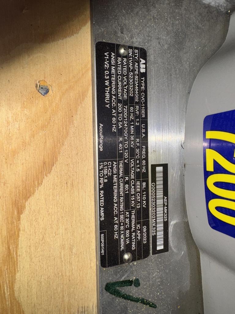 15 kV ABB Extended Range Combined Transformer, CVC-110ER,  Pri 7200/12470 GY Sec 120, Style: E-923A464G02