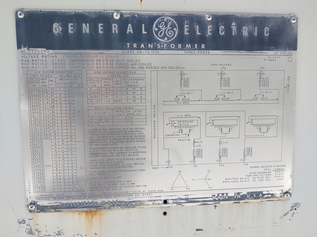 21MVA 138000D - 36300GY GE LTC Transformer
