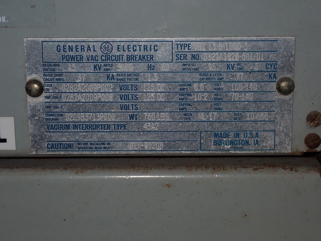 3000 Amp 15 kV GE PowerVac Vacuum Circuit Breaker, VB1 13.8-1000-3, 37 kA Short, 125 VDC C&T