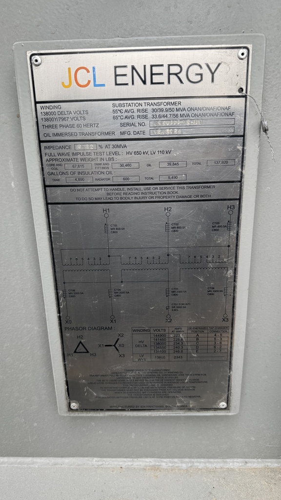 30MVA 138000D - 13800Y Hanchang Substation Transformer