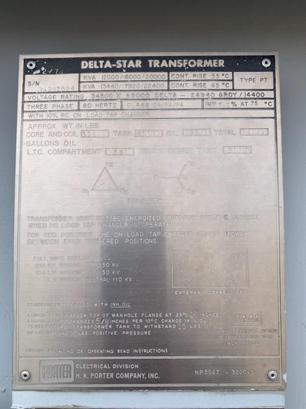 12MVA 34500 x 69000 D - 24940 GRDY Delta-Star LTC Substation Transformer