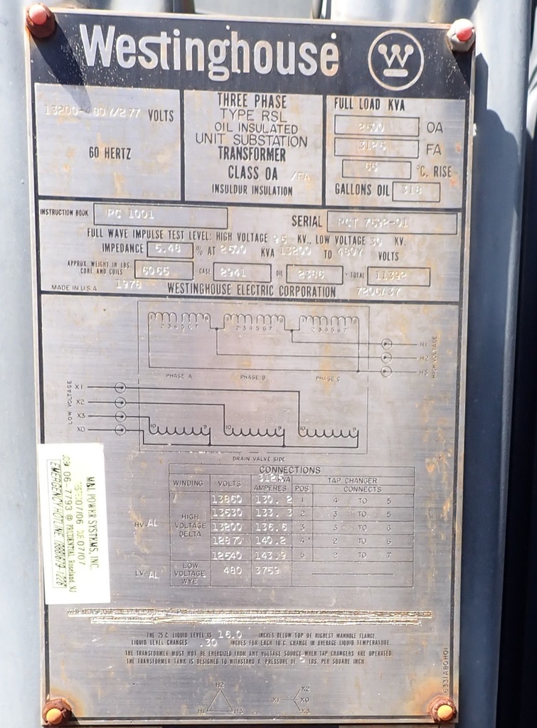 2500 kVA Westinghouse Substation Transformer, 13200 Delta 480Y/277, RSL Oil