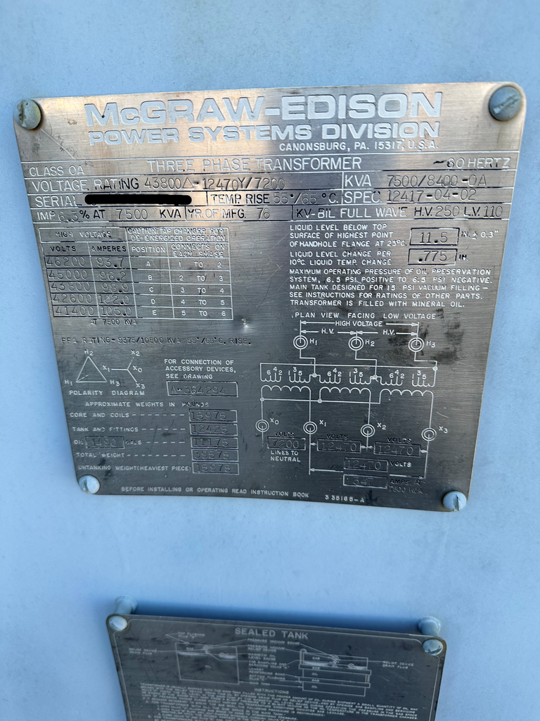 7500kVA 43800D - 12470Y McGraw Edison Substation Transformer