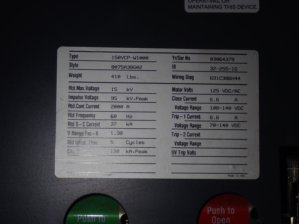2000 Amp 15 kV Eaton Circuit Breaker, 150VCP-W1000, 125 VDC C&T,