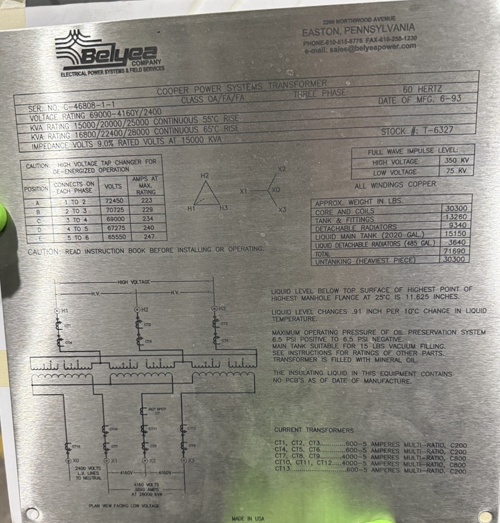 15000/28000 KVA, Pri 69000 D, Sec 4160Y/2400, 1993, COOPER, COPPER:1