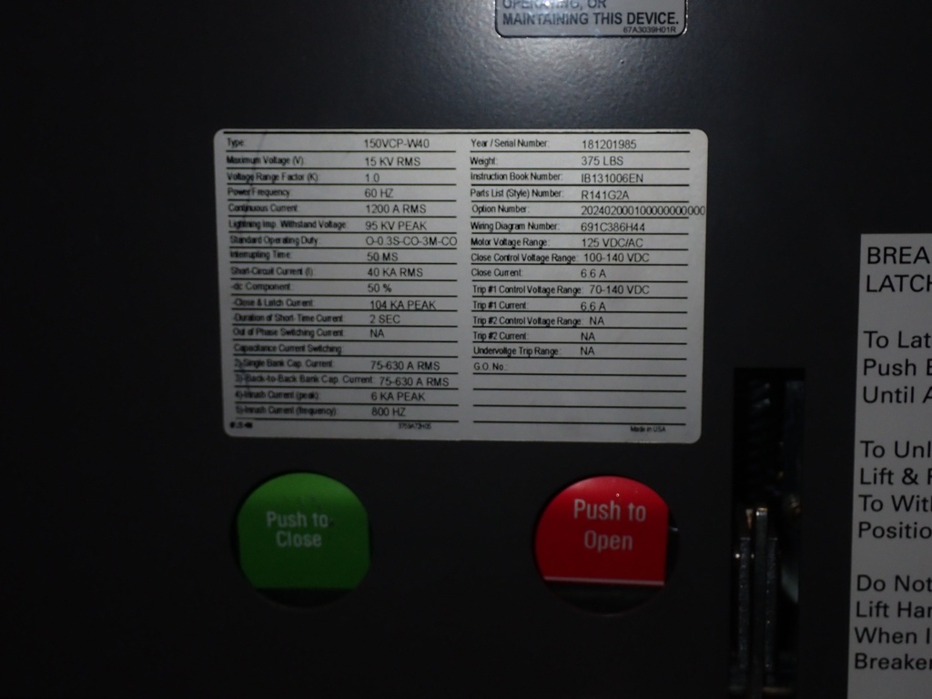 1200 Amp 15 kV Eaton Vacuum Circuit Breaker, 150VCP-W40, 40 kA Short, 125/120 VDC/VAC Close and Trip