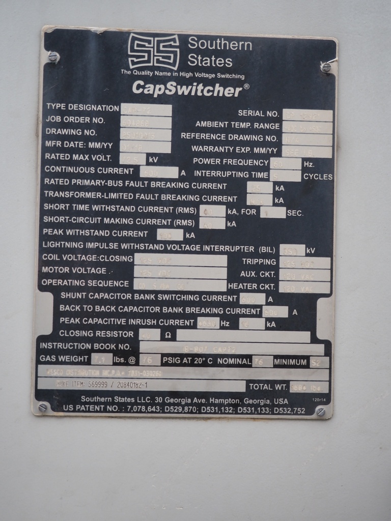600 Amp 72.5 kV Southern States CapSwitcher, CAP-72, 125 VDC C&T,