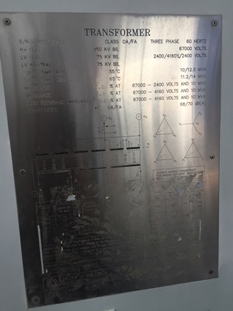 10000/14000 KVA, Pri 67000 D, Sec 2400/4160Y/2400, DELTA STAR, COPPER,