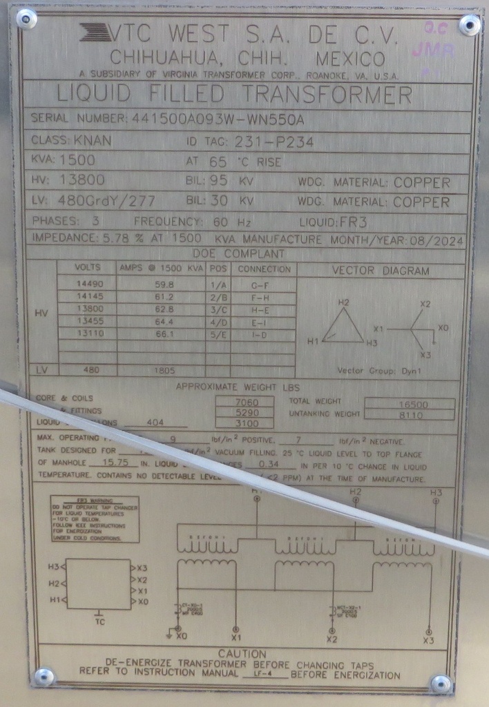 1500 KVA 13800 D - 480 Y Virginia Transformer Substation Transformer