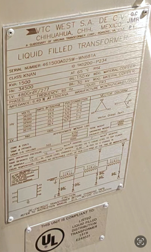 1500 KVA 34500 D - 480 Y Virginia Transformer Substation Transformer