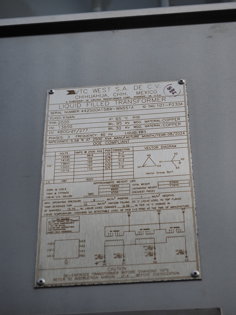 2500 KVA 13800 D - 480 Y Virginia Transformer Substation Transformer
