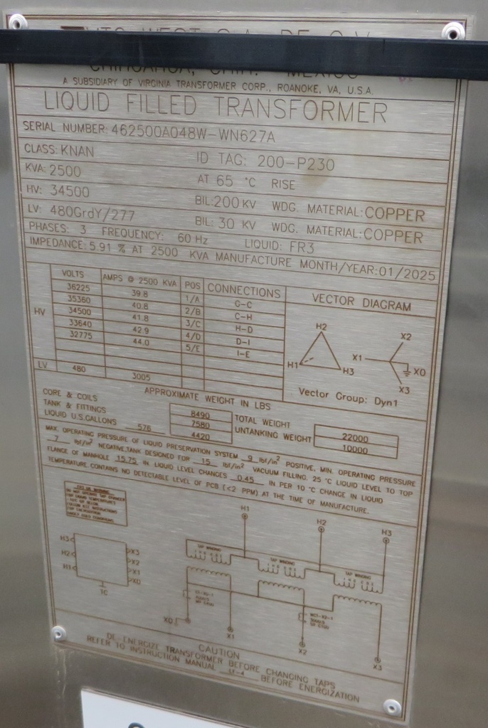 2500 KVA 34500 D - 480 Y Virginia Transformer Substation Transformer