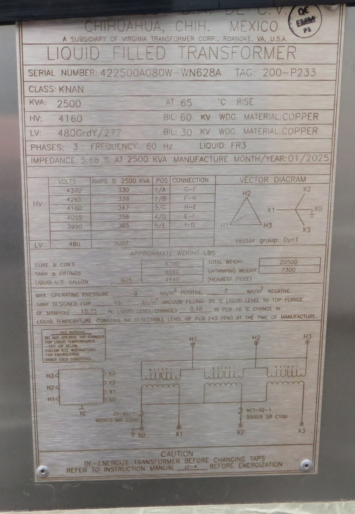 2500 KVA 4160 D - 480 Y Virginia Transformer Substation Transformer