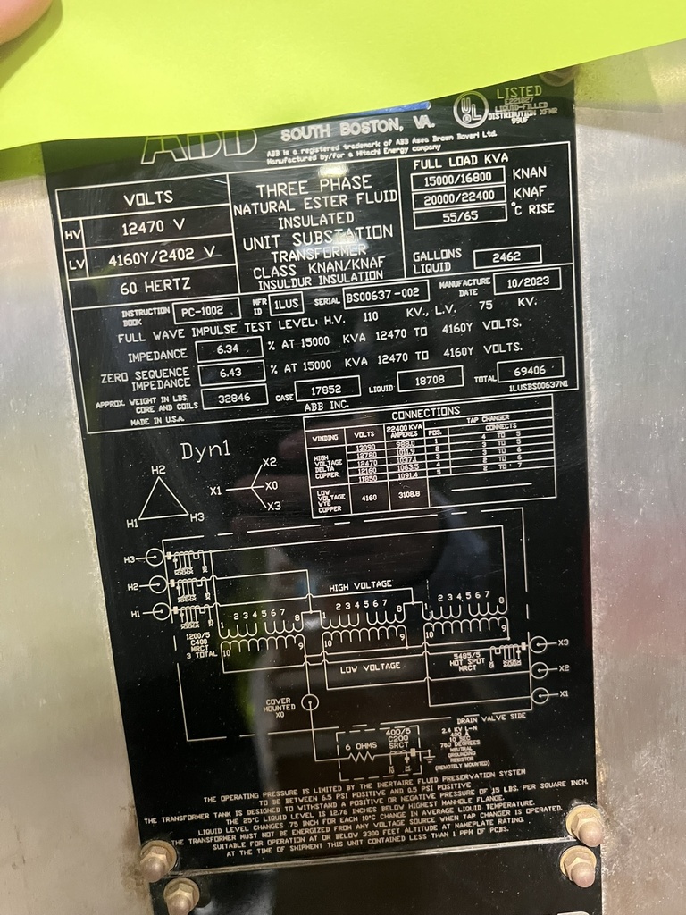 15MVA 12470 D - 4160Y ABB Substation Transformer