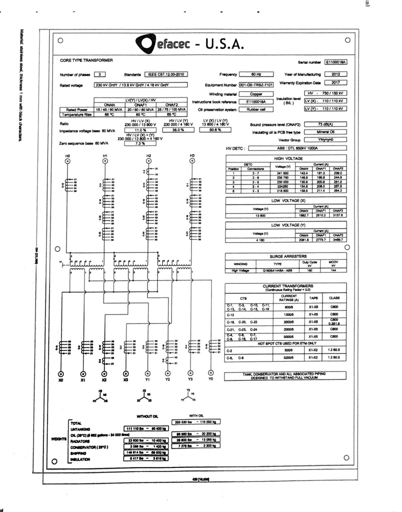 60 MVA 230000Y - 13800Y x 4160Y efacec Core Type Transformer
