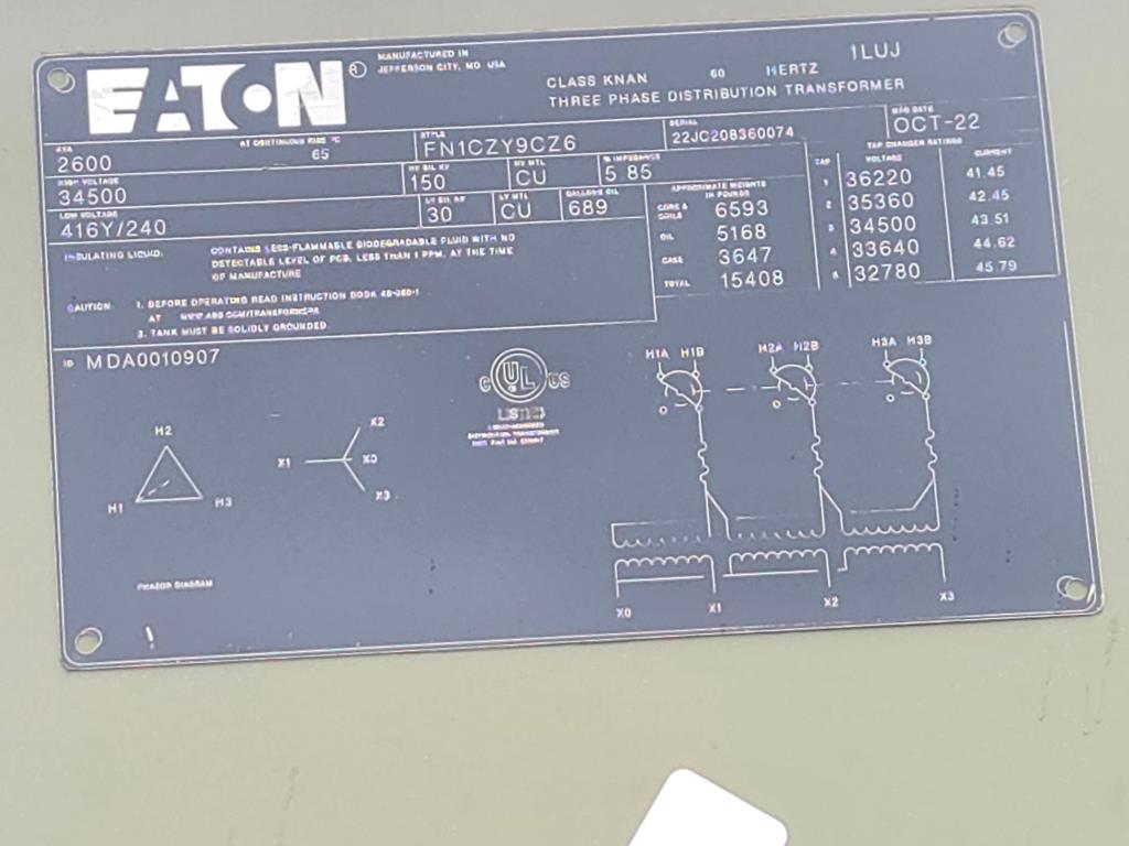 2600kVA 34500D - 416Y Eaton Padmount Transformer