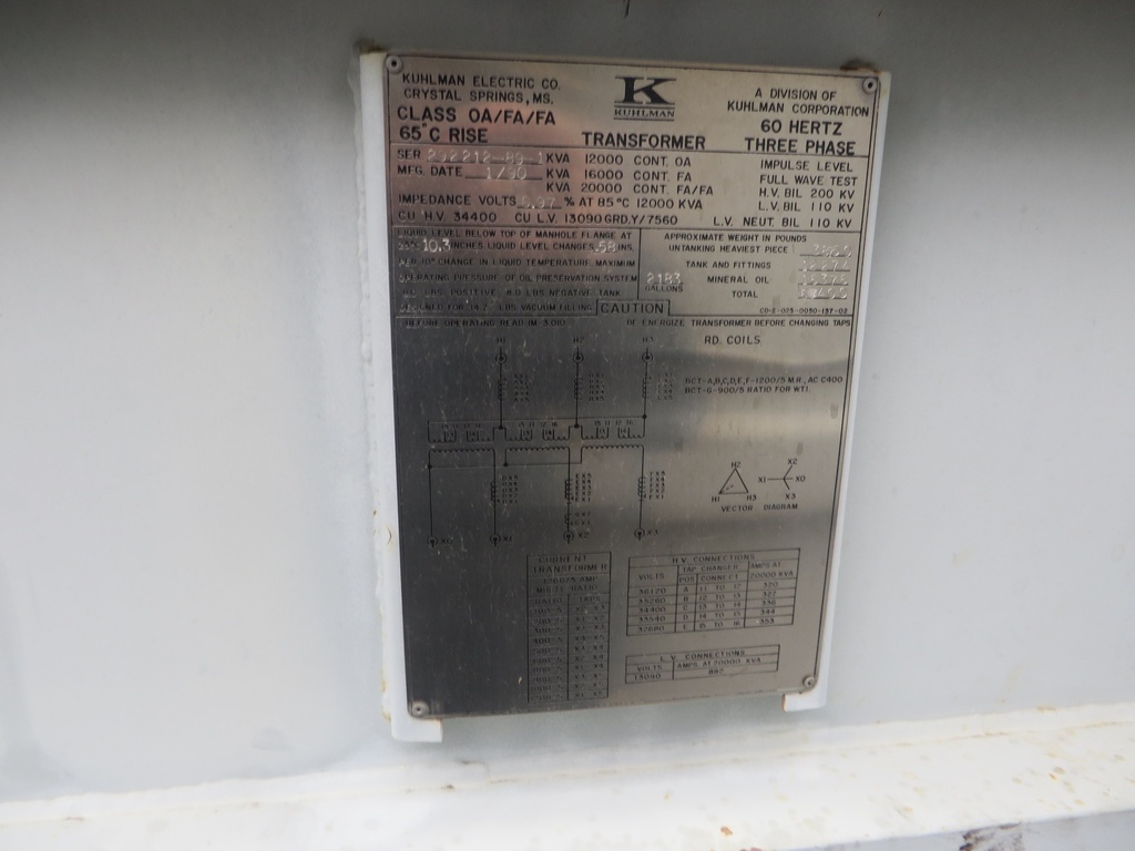 12MVA  34400D - 13090Y Kuhlman Substation Transformer