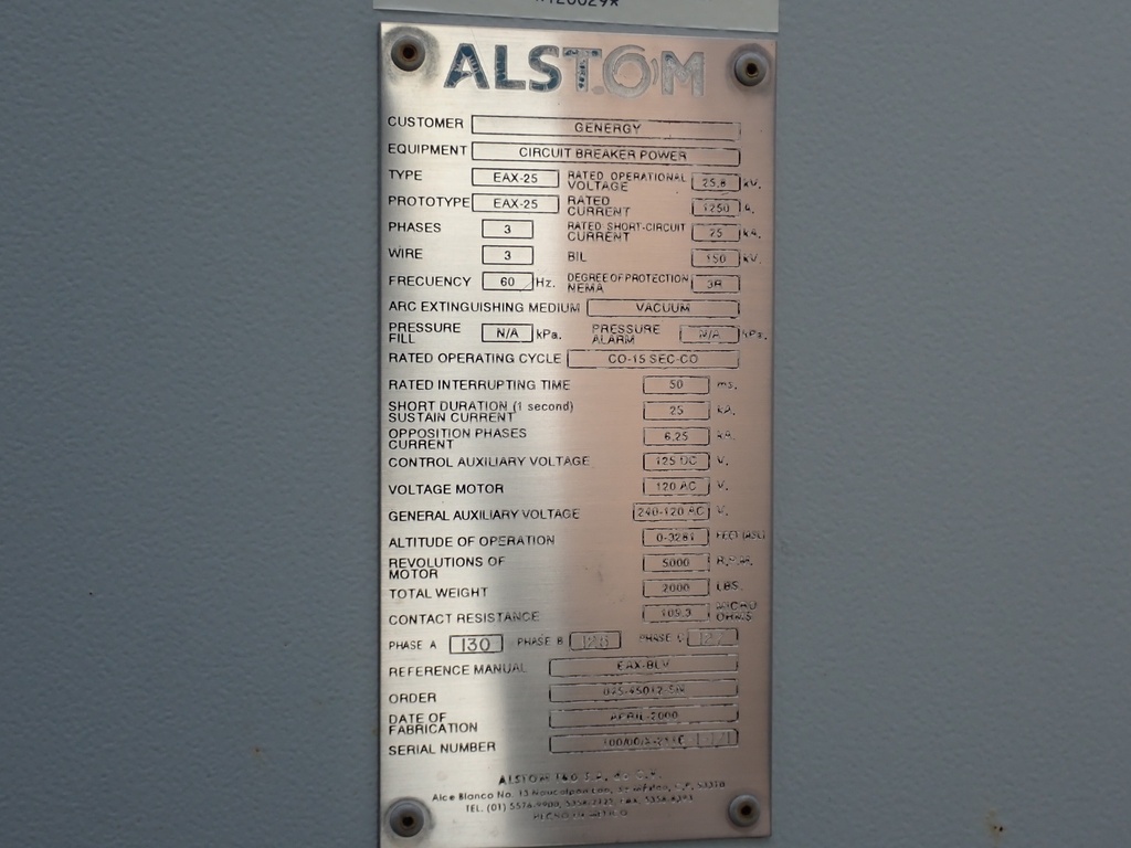 1250 Amp 25 kV Alstom Vacuum Circuit Breaker, EAX-25, 25 kA Short, 125 VDC C&T