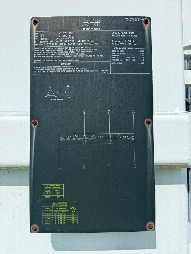 10/11.2 MVA 115000D - 22900Y/13221 ABB Substation Transformer