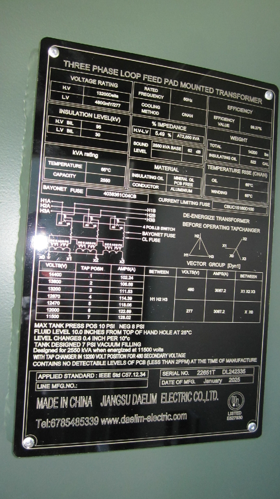 2550 kVA 13200D - 480GrdY Daelim Electric Padmount Transformer with J-Taps