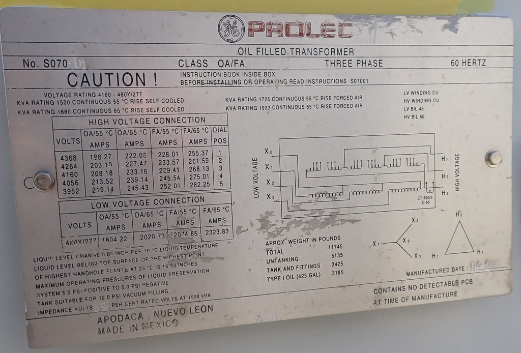 1500/1680/1725/1932 KVA 4160 Delta 480/277 GE Substation Transformer