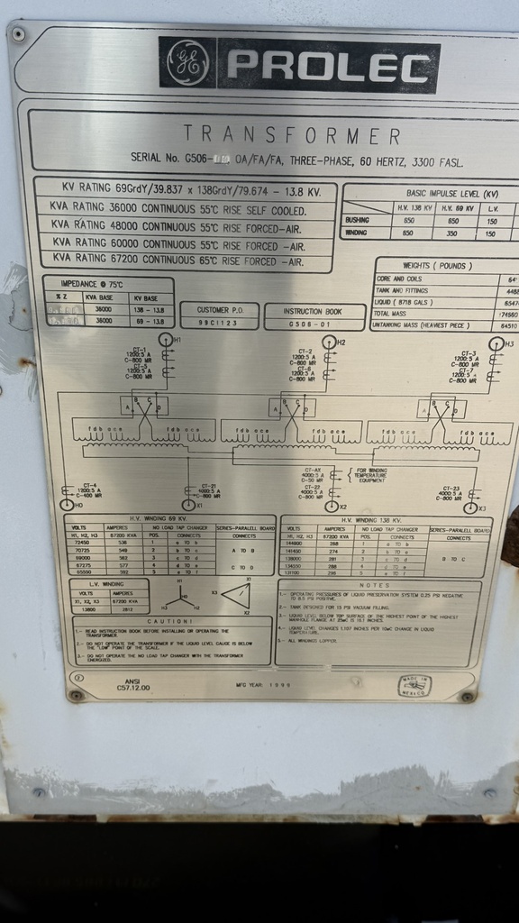 36MVA 69000GrdY x 138000GrdY - 13800D GE Prolec Substation Transformer