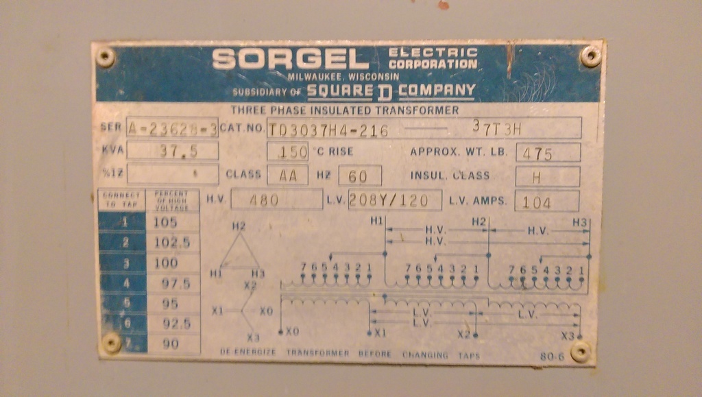 37.5 KVA, Pri. 480 D, Sec. 208Y/120, AA, SORGEL/SQUARE D, 150* C;